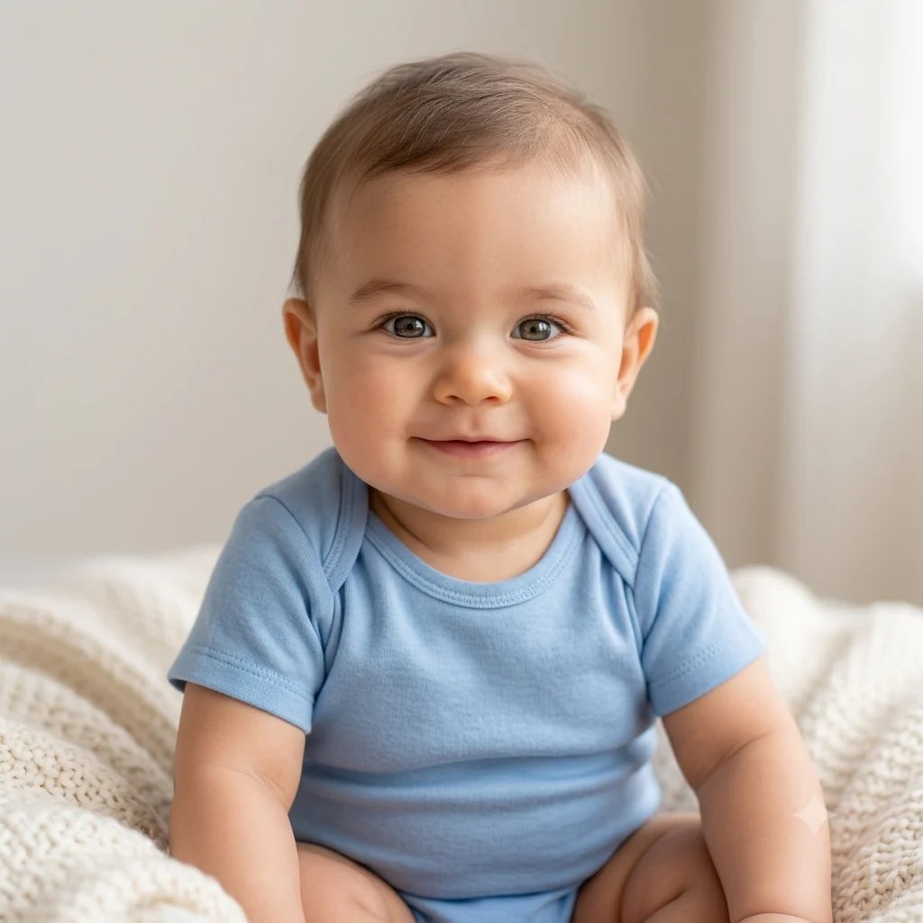 A realistic future baby blending both parents' facial features with a gentle smile