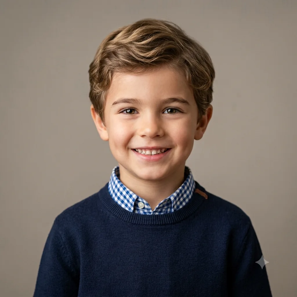 A future child as a bright school-age kid in a portrait, blending both parents