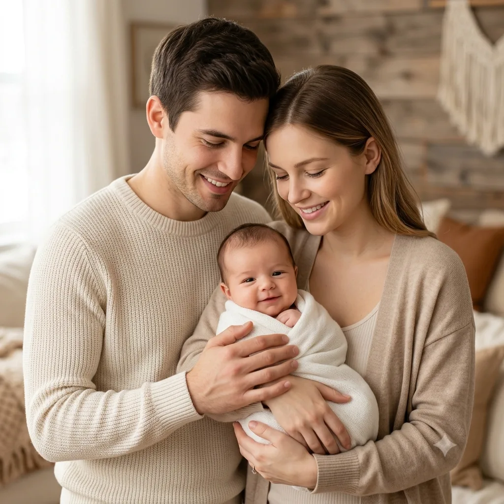 A warm family portrait of two parents holding their future baby together