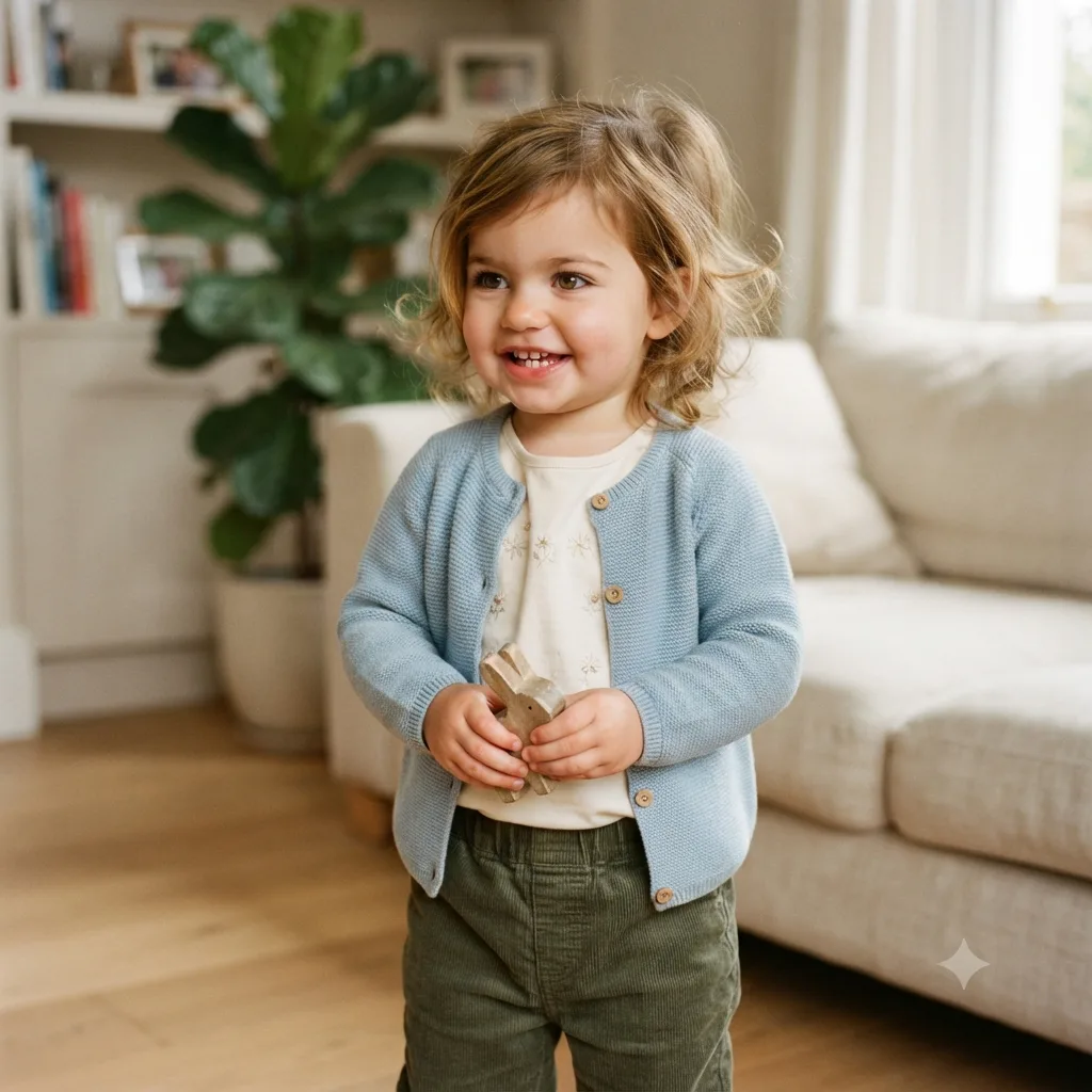 A future child as a cheerful toddler blending both parents' features