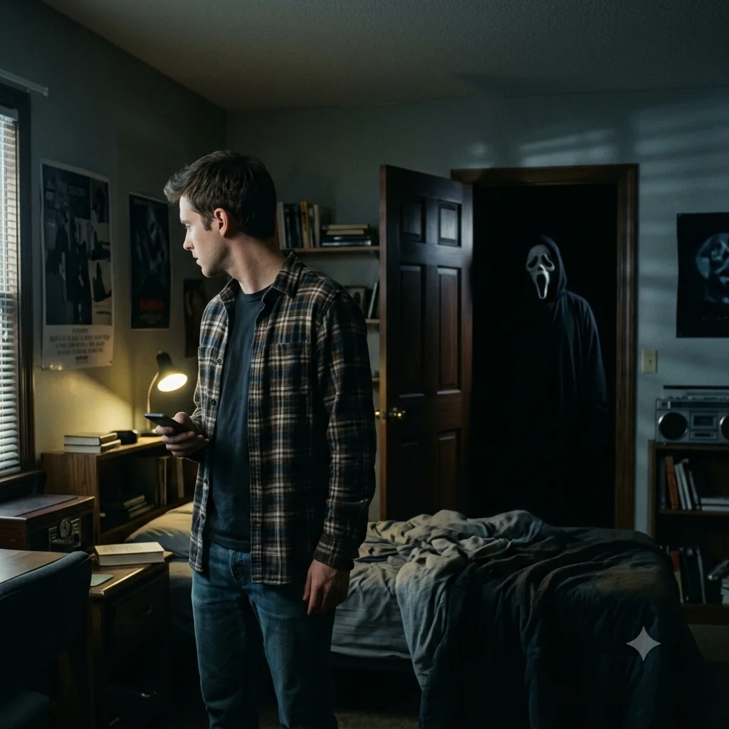 Person in a dark bedroom with Ghostface standing in the doorway behind them