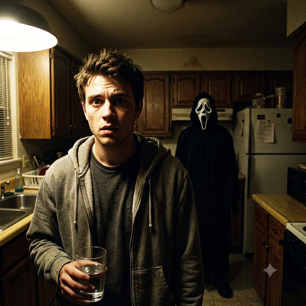 Person in a dark kitchen at night with Ghostface standing in the background
