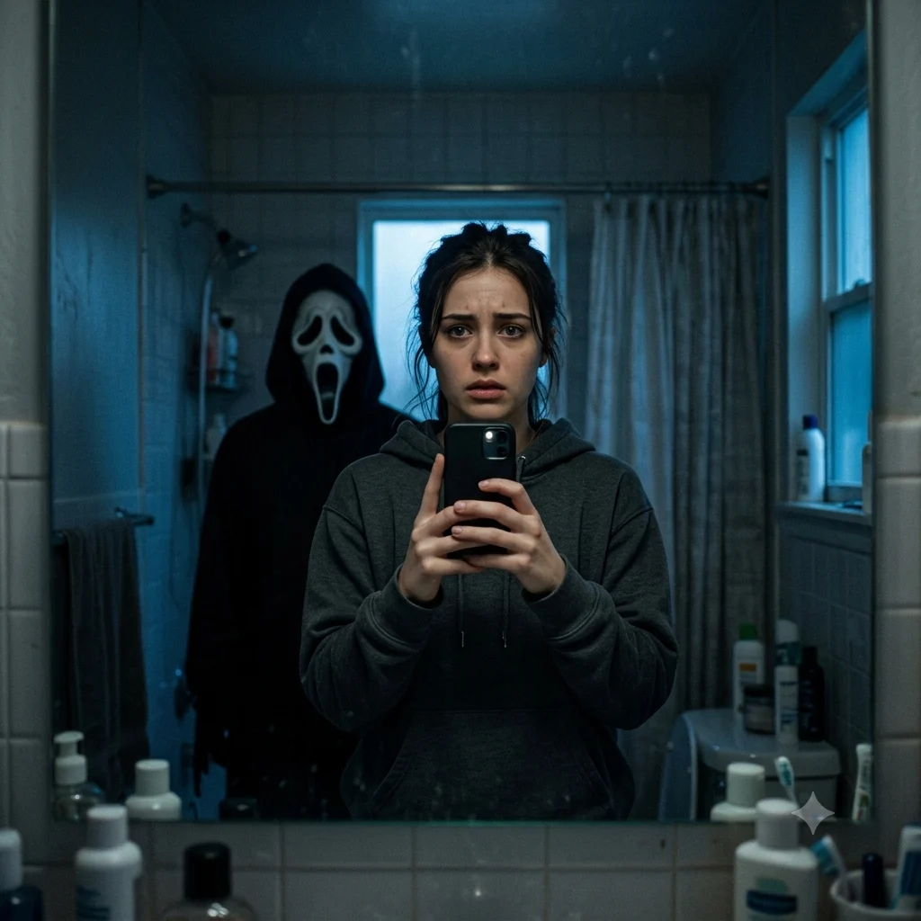 Mirror selfie with Ghostface reflected standing behind the person