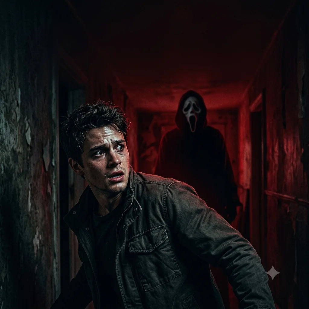 Horror movie poster of the person with Ghostface looming behind