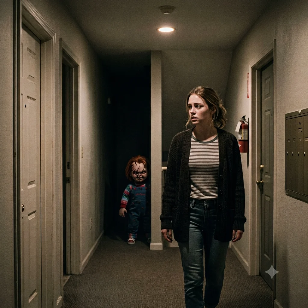 Person in a hallway at night with a horror villain standing in the shadows behind them