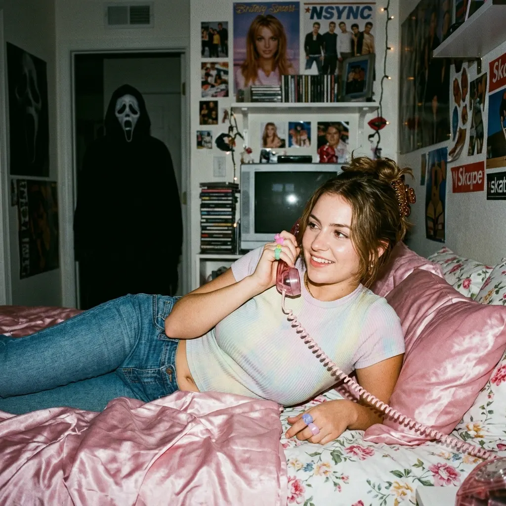 Y2K style bedroom portrait with Ghostface standing in the doorway