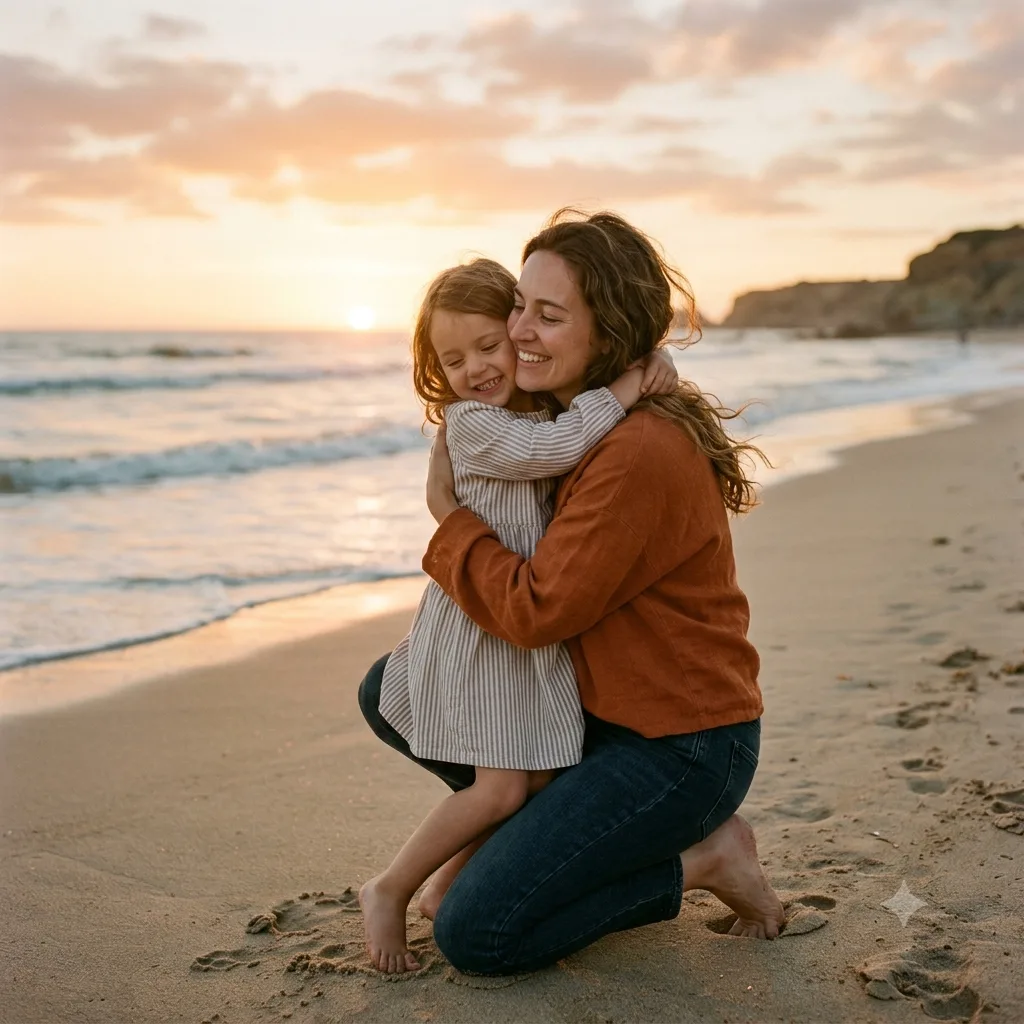 A person embracing their younger self on a quiet beach at golden hour