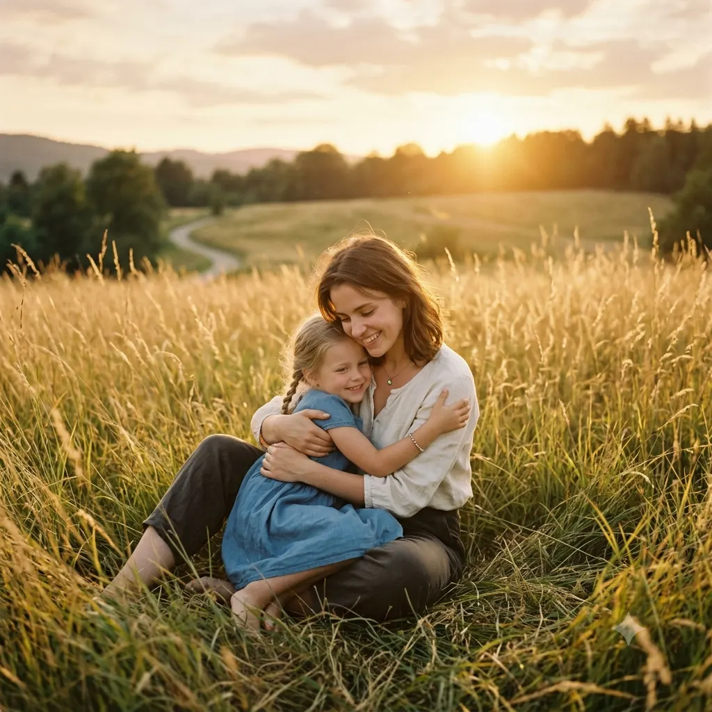 A person hugging their younger self in a field of tall grass at sunset