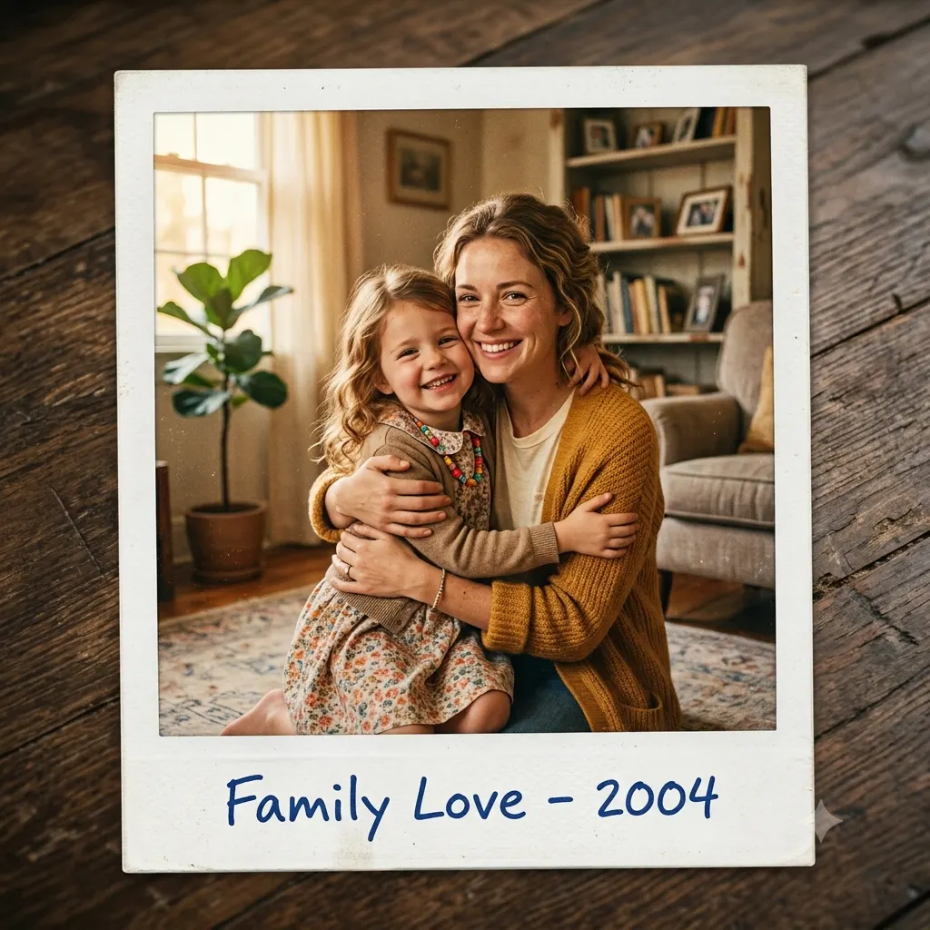 Warm Polaroid of a person hugging their younger self in a cozy room