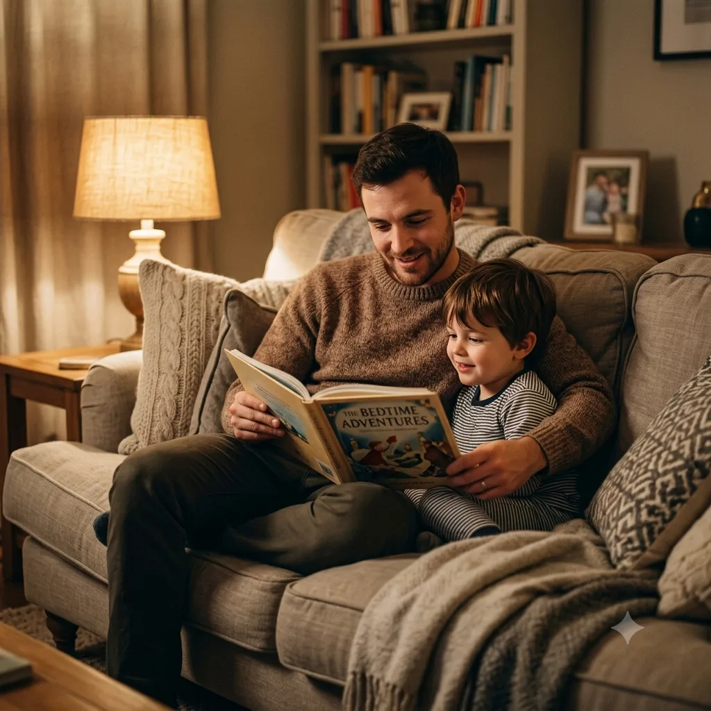 A person reading a book to their younger self on a cozy couch