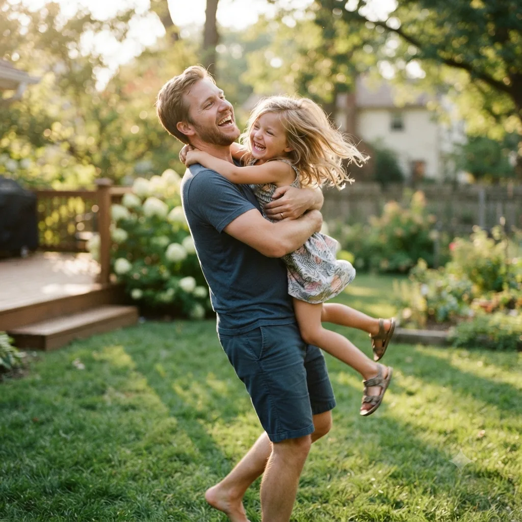A person joyfully lifting and spinning their younger self in a hug
