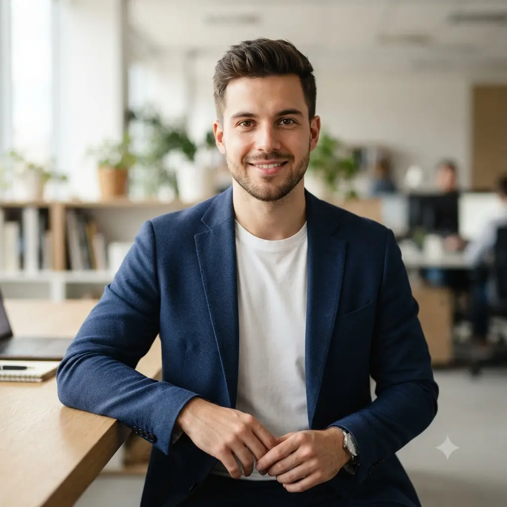 Business-casual portrait of a person in an open blazer with no tie