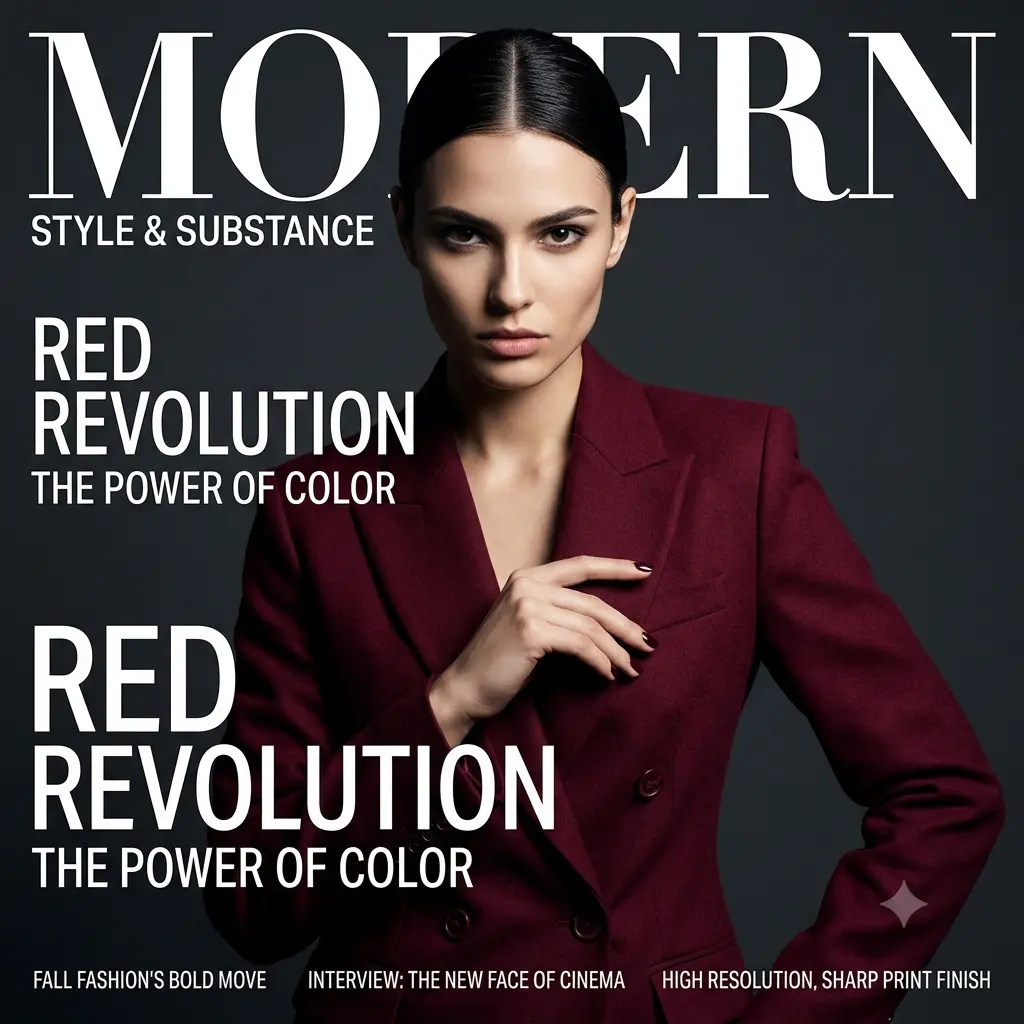 High-fashion magazine cover portrait of a person in a bold burgundy suit
