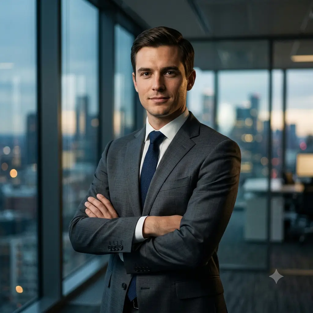 Executive portrait of a person in a charcoal suit in a glass office with a city skyline