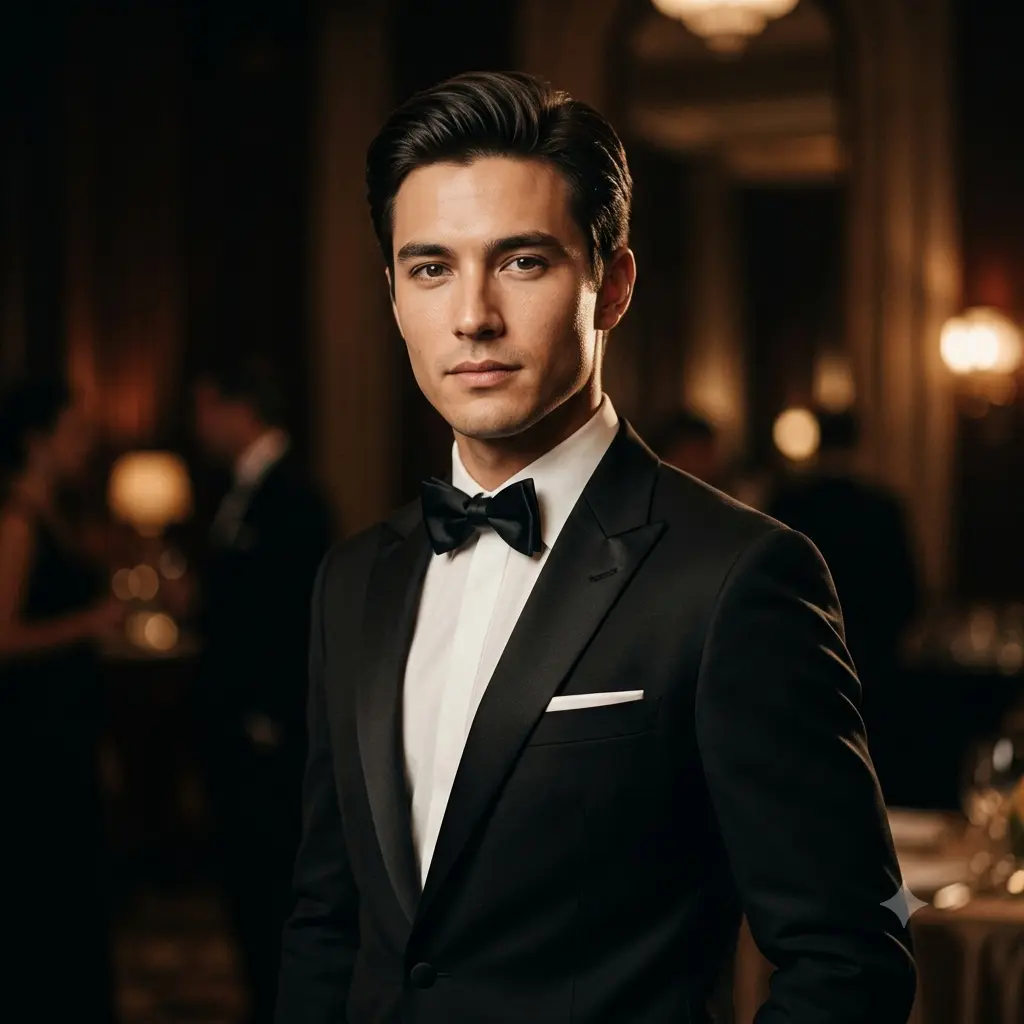 Portrait of a person in a black tuxedo with a bow tie under warm cinematic light