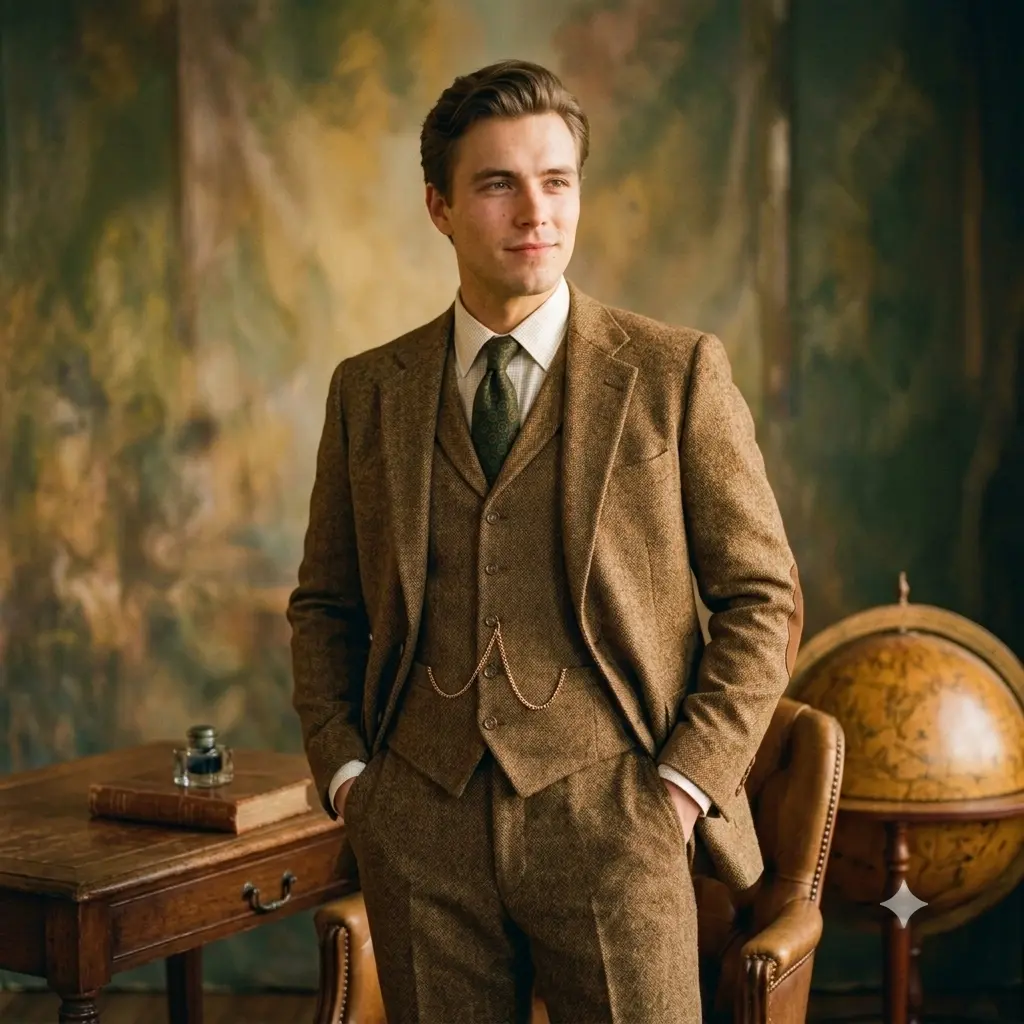 Retro portrait of a person in a brown tweed three-piece suit with golden lighting