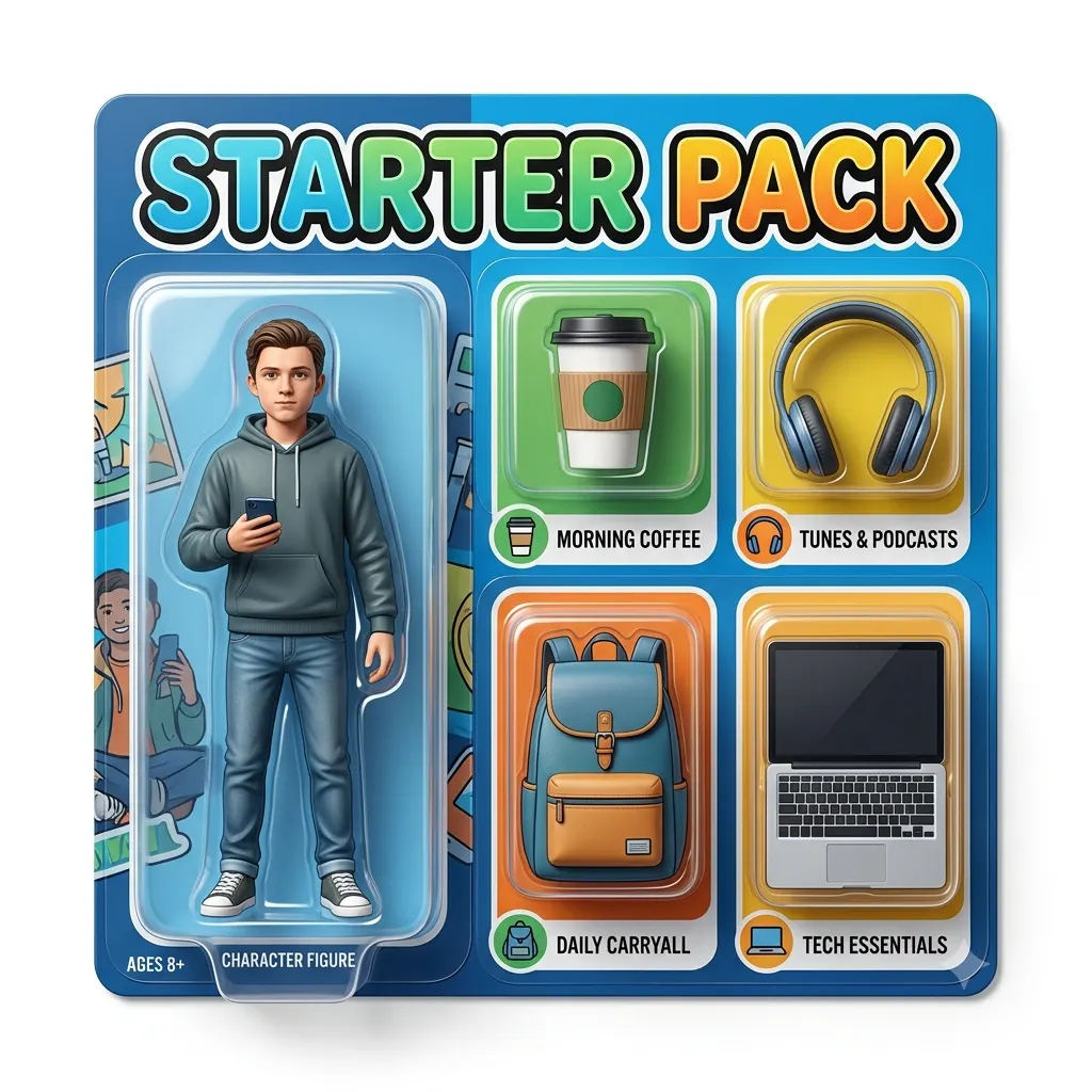 Starter pack kit with a figure and everyday accessories in blister compartments
