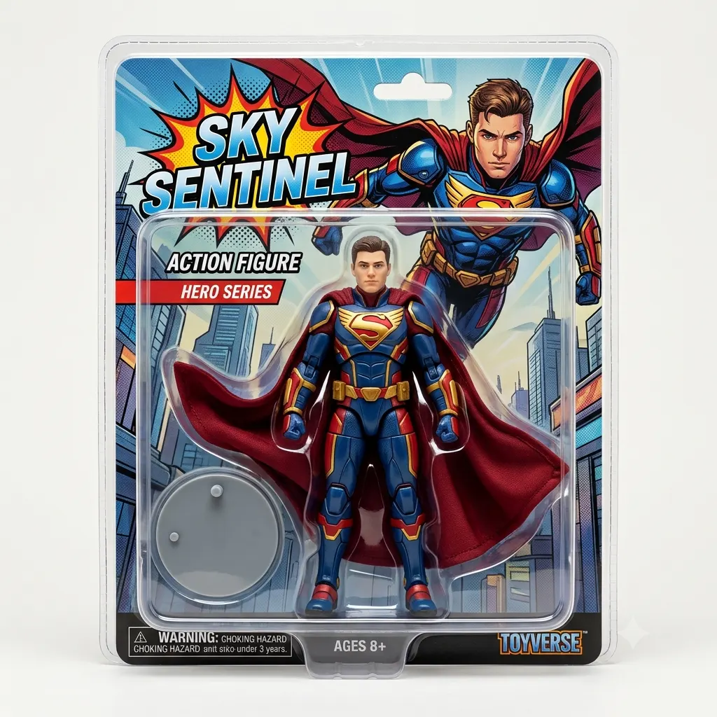 Superhero action figure with a fabric cape carded in a comic-style blister pack
