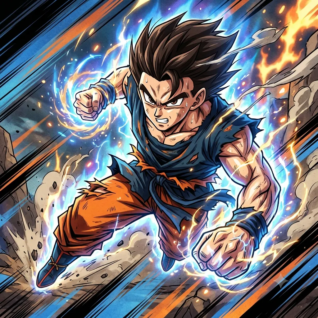 Dynamic shonen anime action scene with speed lines and a glowing energy aura