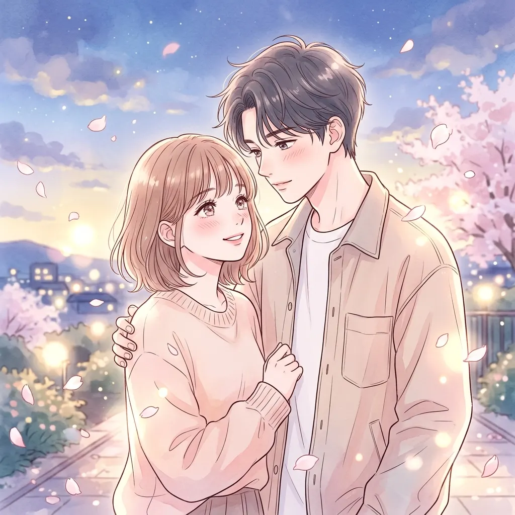 Romantic shojo anime illustration of a couple with petals and sparkling light