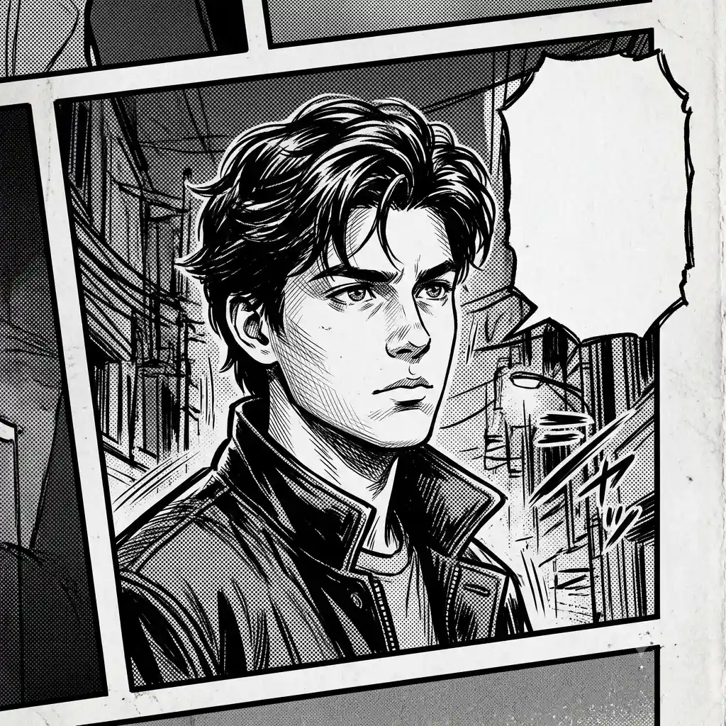 Black-and-white manga panel with bold ink line art and screentones
