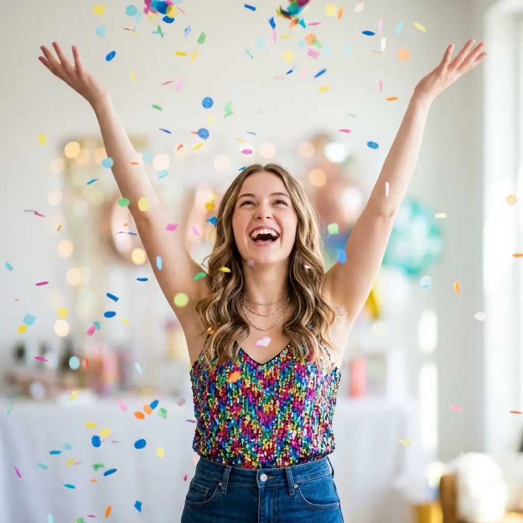 A person laughing as colorful confetti falls around them at a birthday party