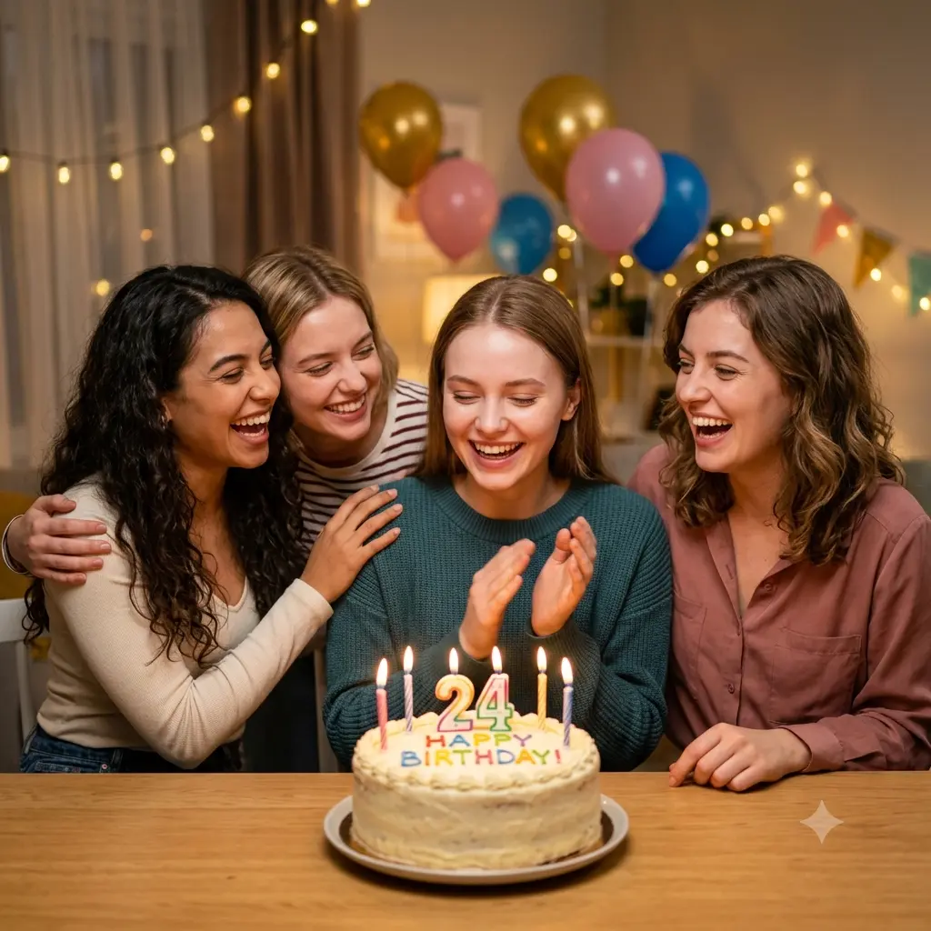 A group of friends laughing around a birthday cake with lit candles on a clean table, balloons behind them