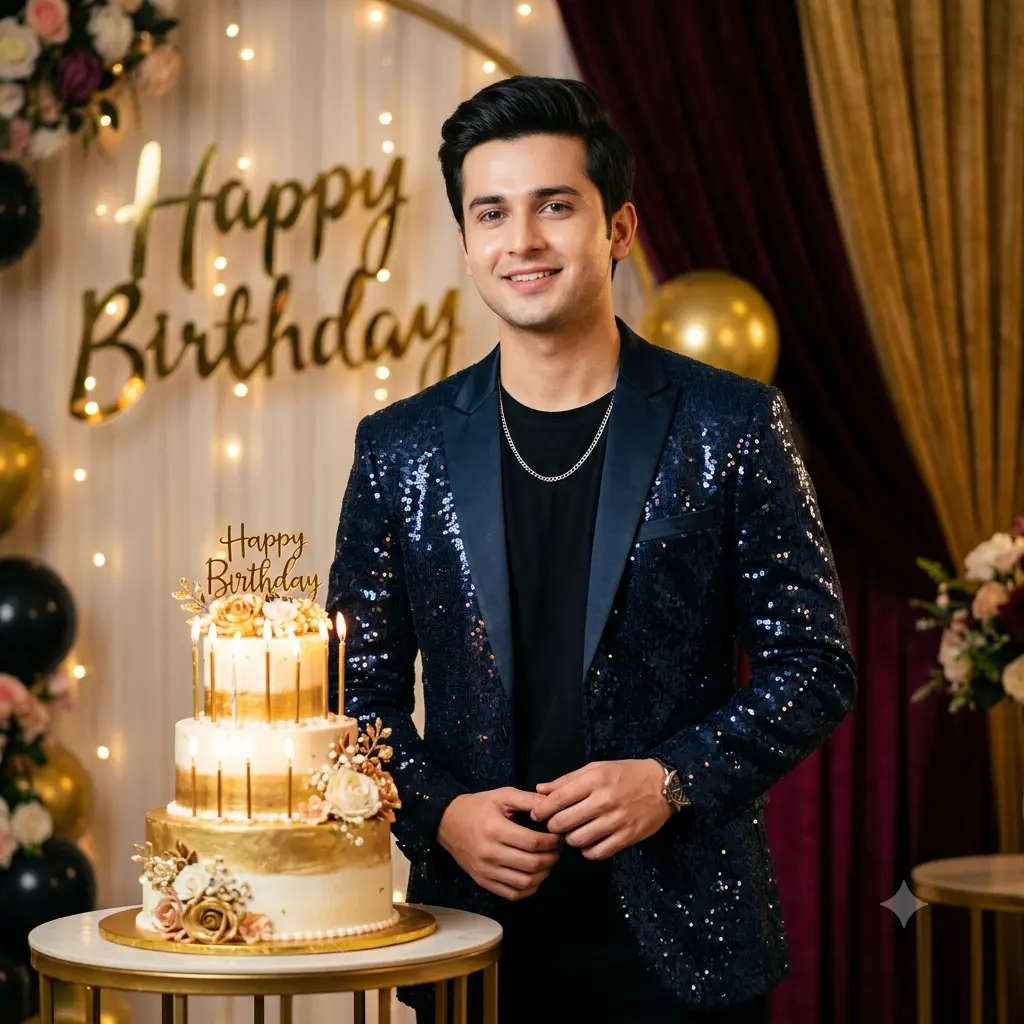 A glamorous birthday portrait of a person beside a candlelit cake with an elegant Happy Birthday sign behind them