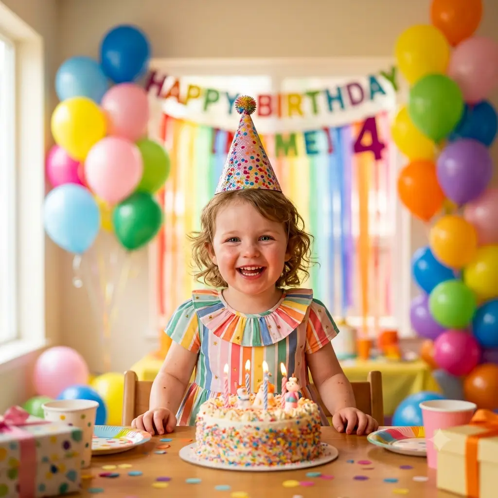 A happy child in a party hat at their birthday party with balloons and cake