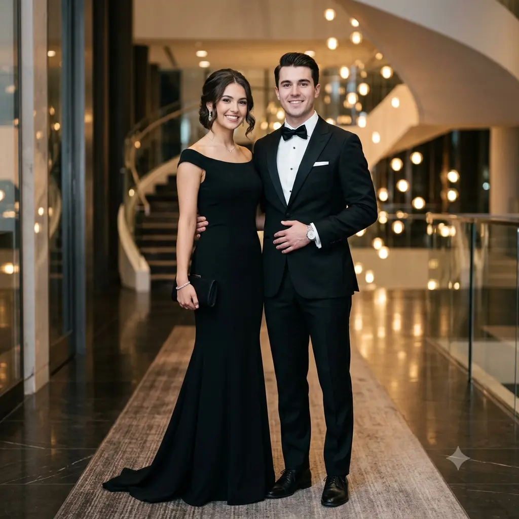 Formal black-tie couple portrait in a gown and tuxedo at a sleek modern venue