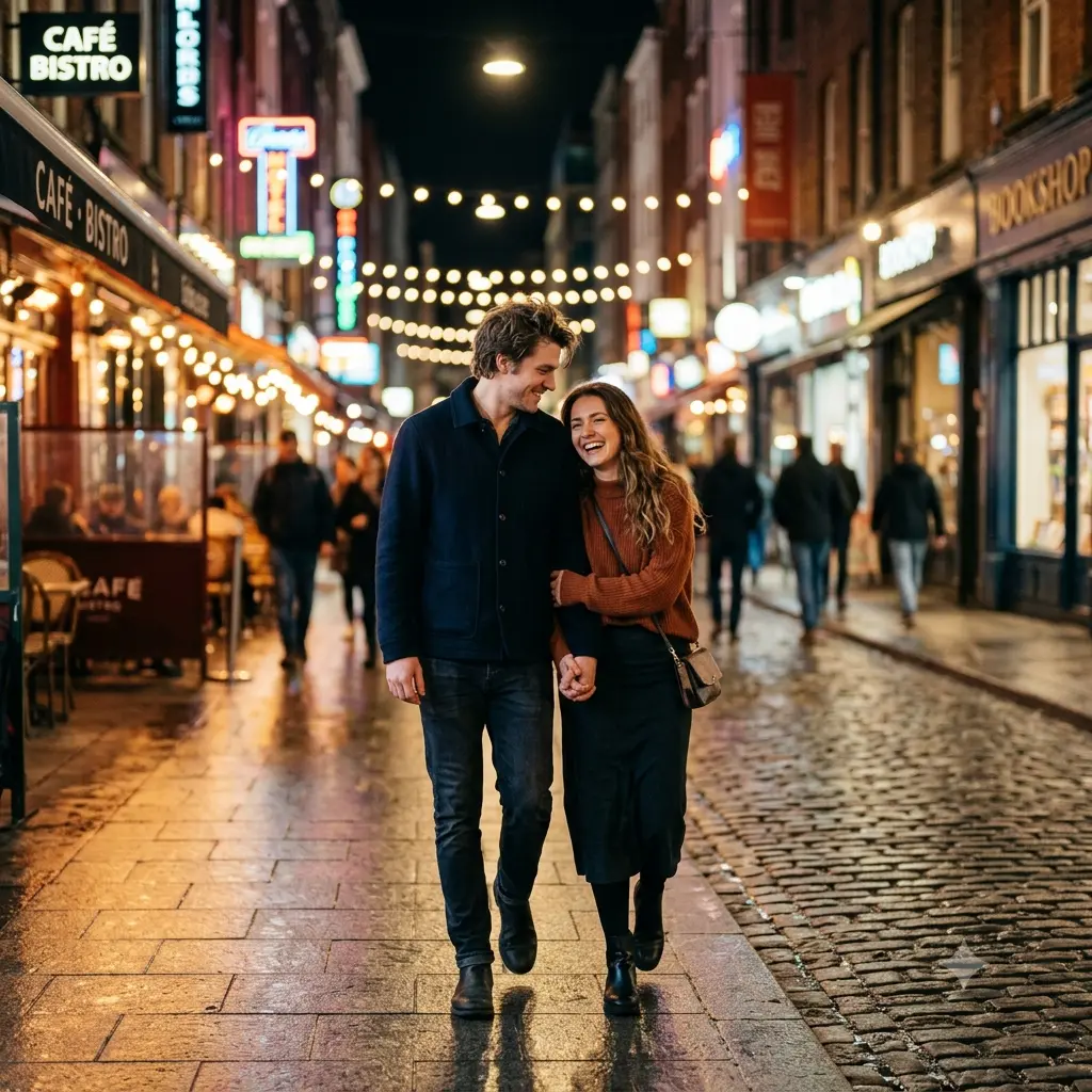 A couple walking close together on a city street at night under warm lights