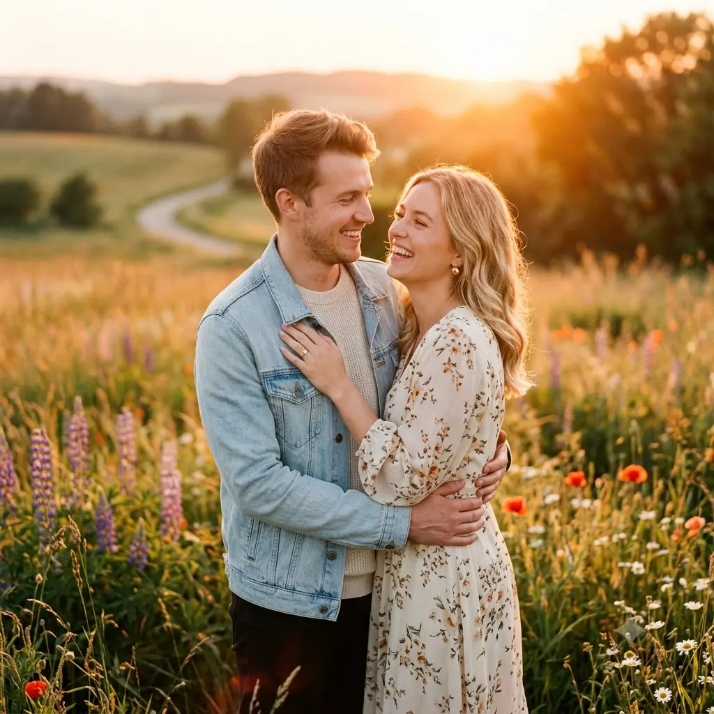 A couple embracing in a field at sunset for a cinematic engagement photo