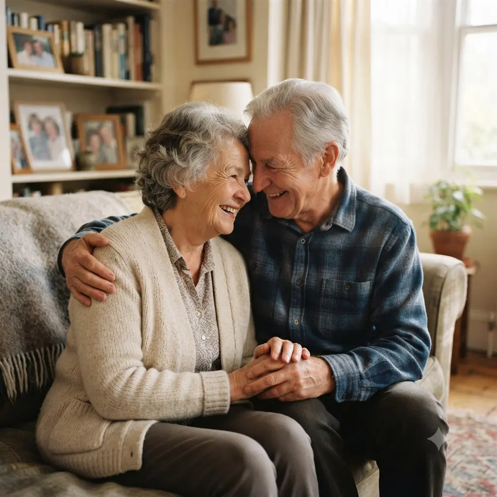 A couple shown as an older couple many years in the future, both smiling