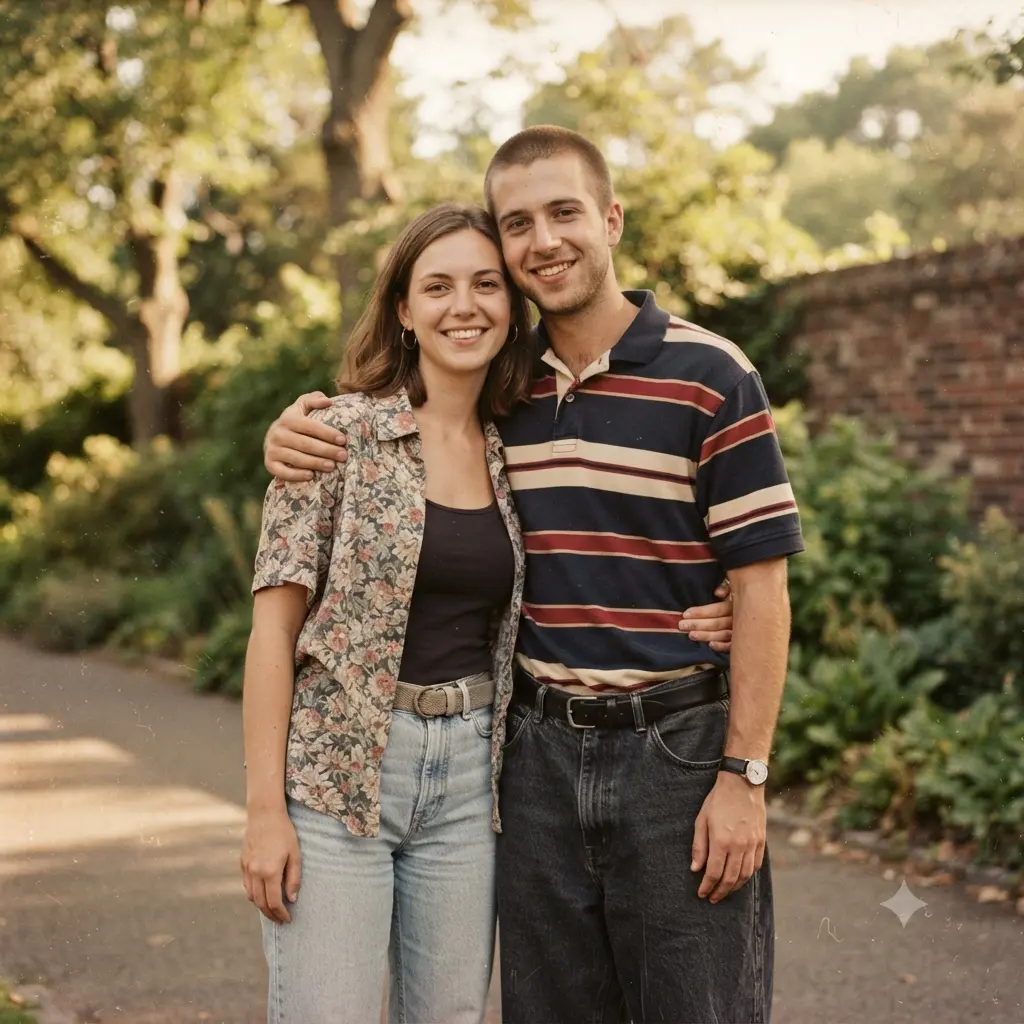 A couple posing together in 90s outfits with a vintage film look