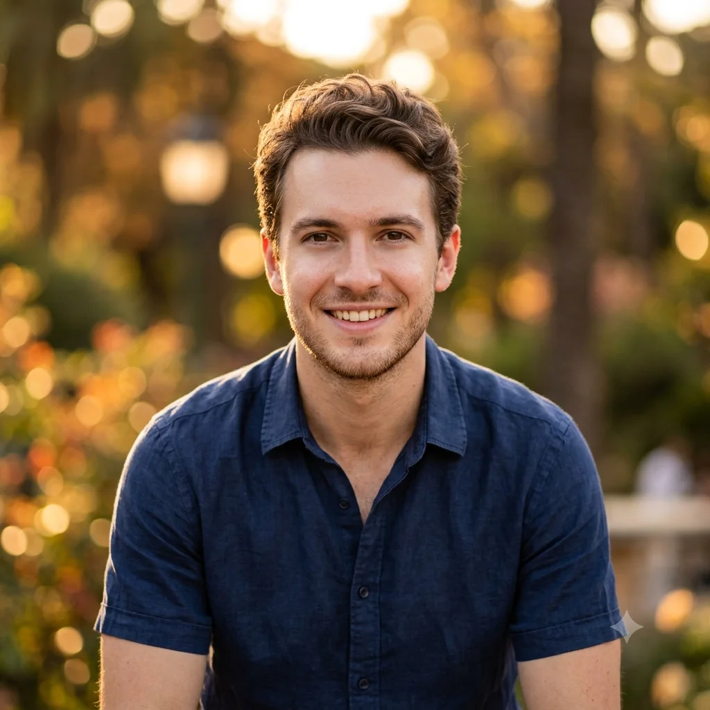 A warm golden-hour dating profile portrait with soft backlight and eye contact