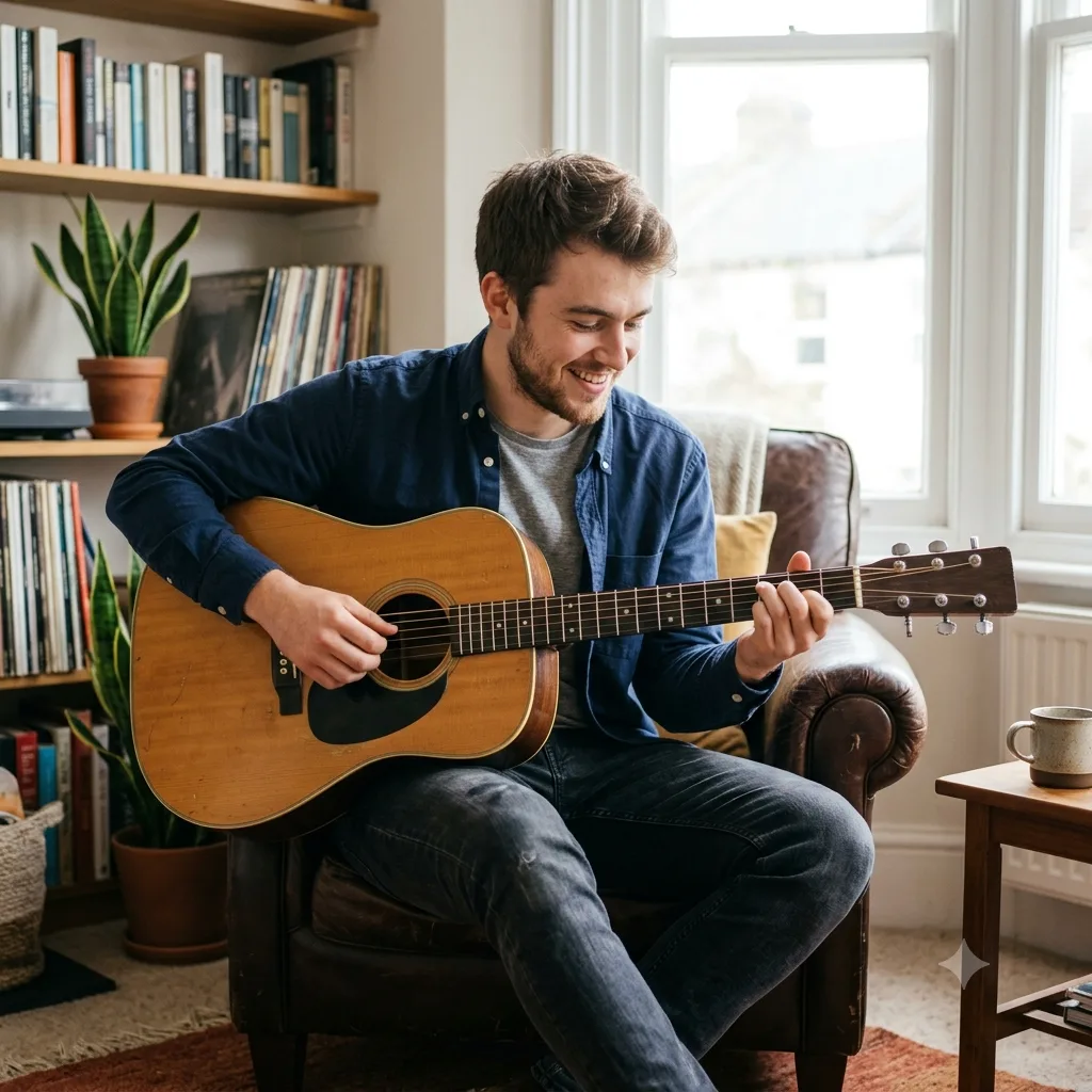 A candid hobby dating photo of a person happily playing an acoustic guitar