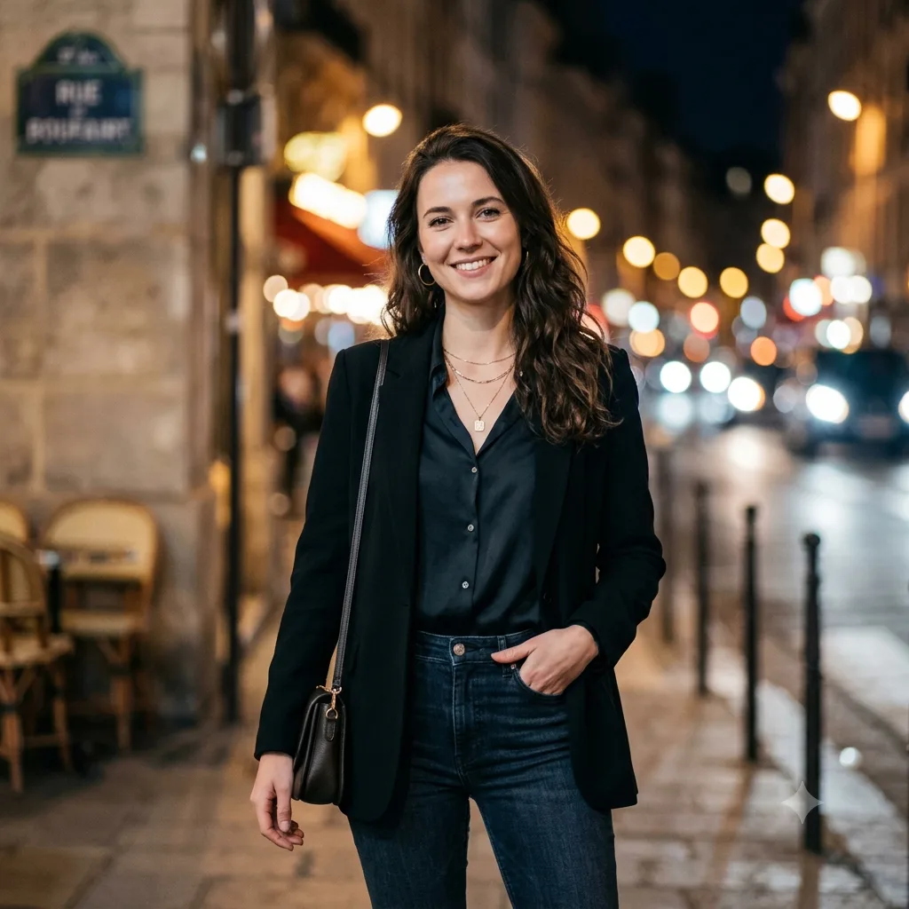 A dressed-up night-out dating photo of a person under warm city bokeh lights