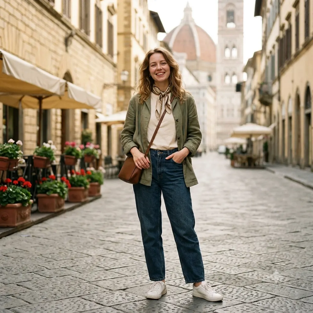 A relaxed travel dating photo of a person at a scenic destination in casual style
