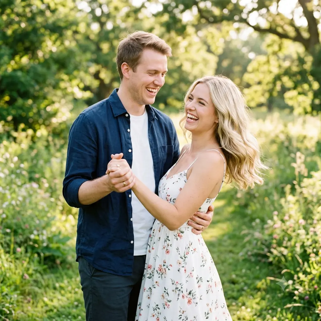 A candid engagement photo of a couple laughing together in a sunny park