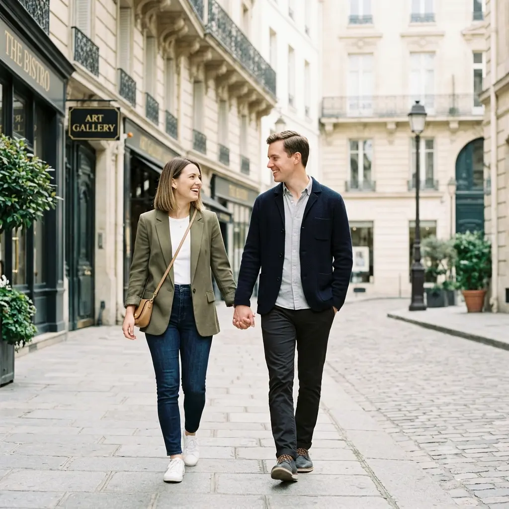 A stylish urban engagement photo of a couple walking a charming city street