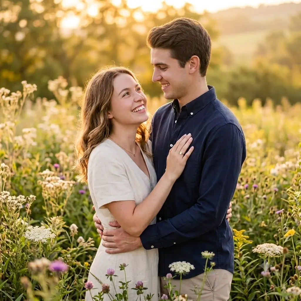 A golden-hour engagement photo of a couple embracing in a sunlit field