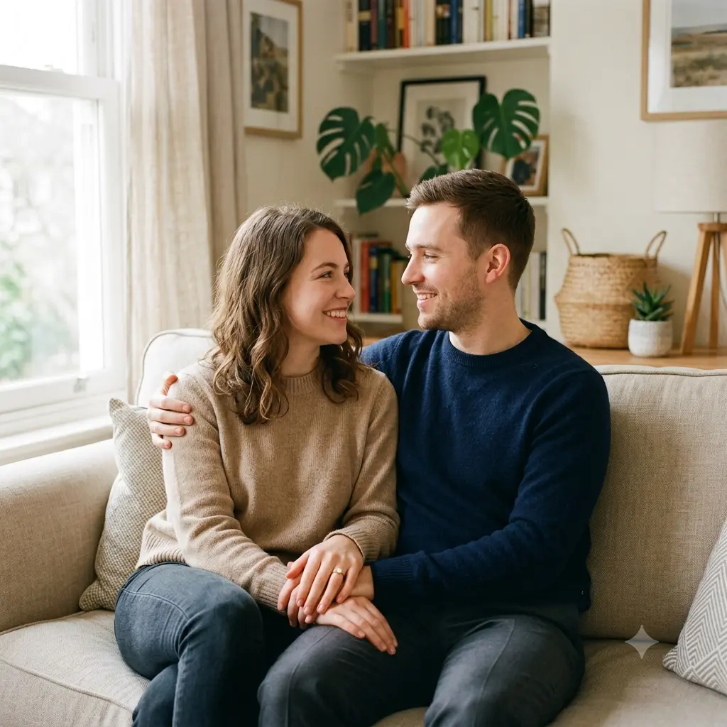 A cozy at-home engagement photo of a couple sitting close in soft window light