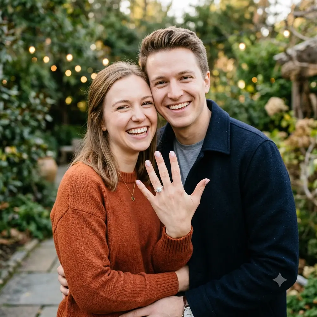 An engagement ring reveal photo of a couple smiling and showing the ring to the camera
