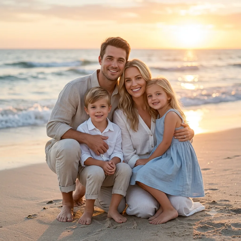 Family portrait on a sunny beach at golden hour with the ocean behind
