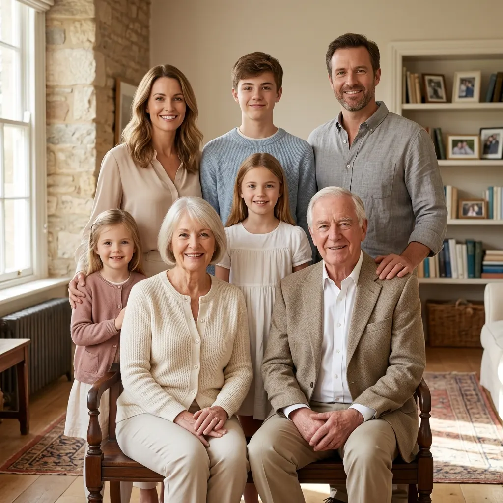 Multi-generation family portrait with grandparents, parents, and children together