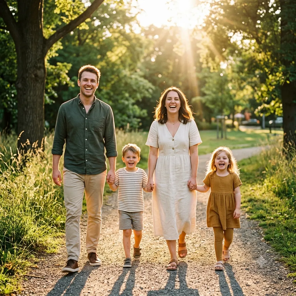Candid outdoor lifestyle family photo in a sunny park at golden hour