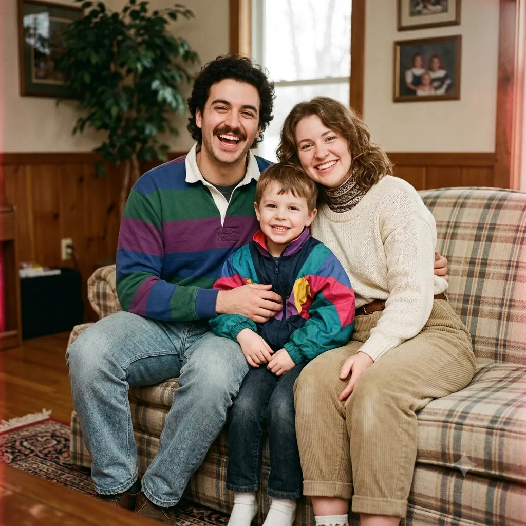 Retro vintage-film family portrait with warm faded tones and soft grain