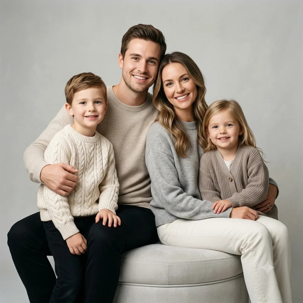 Classic studio family portrait in coordinated outfits on a clean backdrop