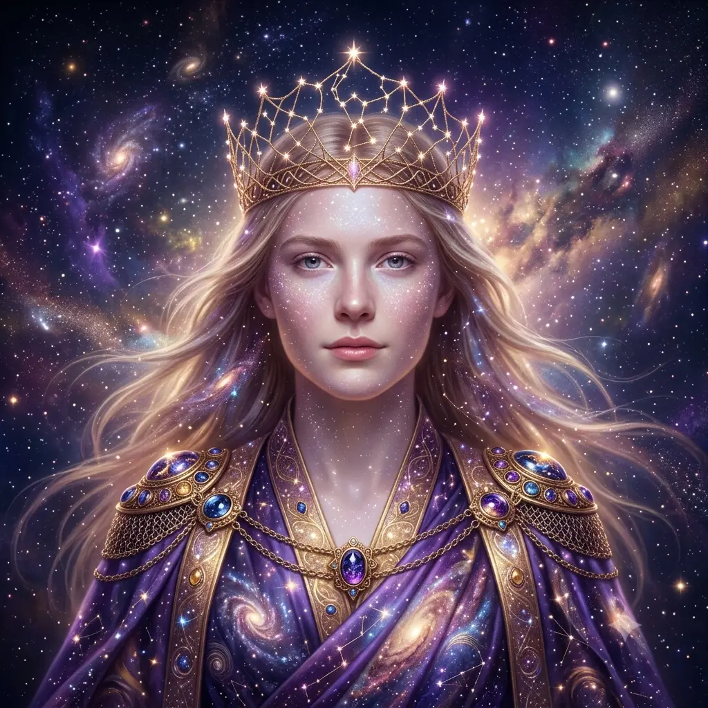 A person as a radiant celestial being glowing with starlight against a starry cosmos