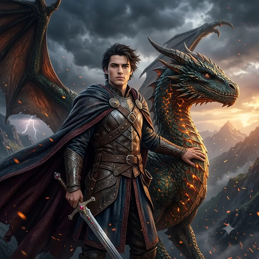A person as a dragon rider standing beside a majestic dragon in stormy mountains